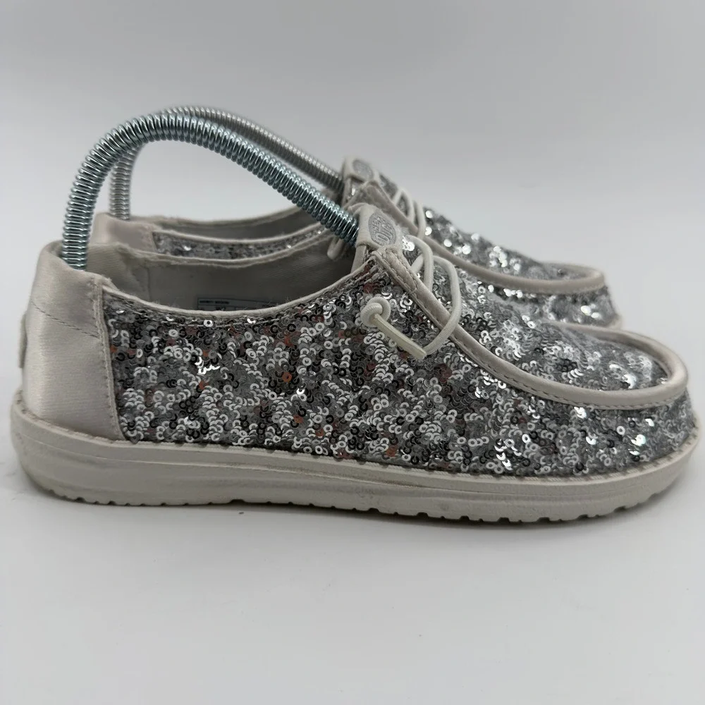 Hey Dude Wendy Sequin Cream Silver Sparkle Loafers Womens 7